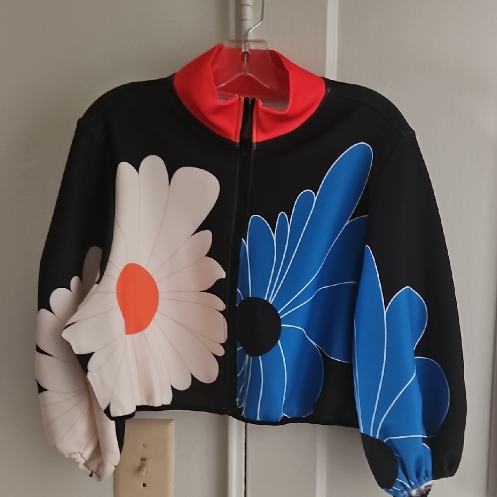 Black and Blue Bomber Jacket with Floral Motifs and Stand-Up Collar